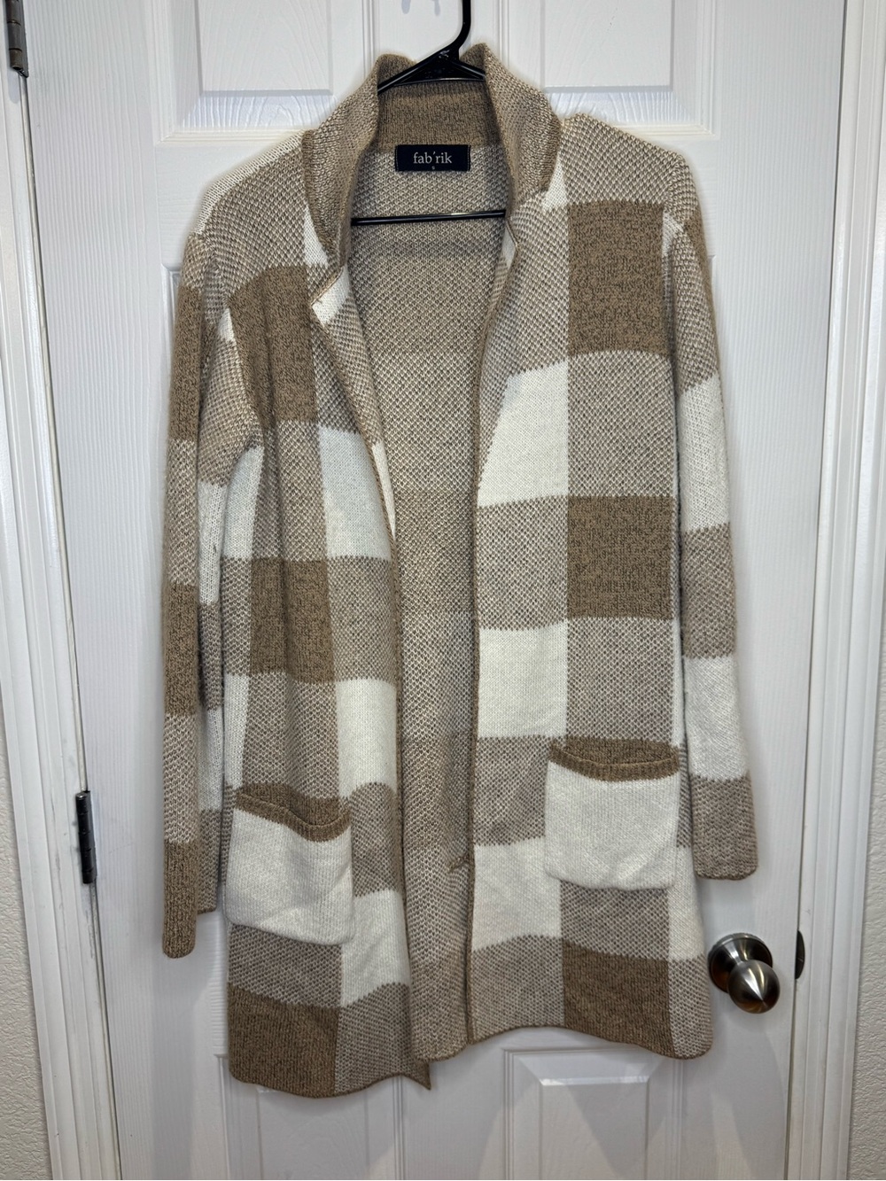 Fab'rik Women's Small Checkered Duster Cardigan Jacket Tan Brown